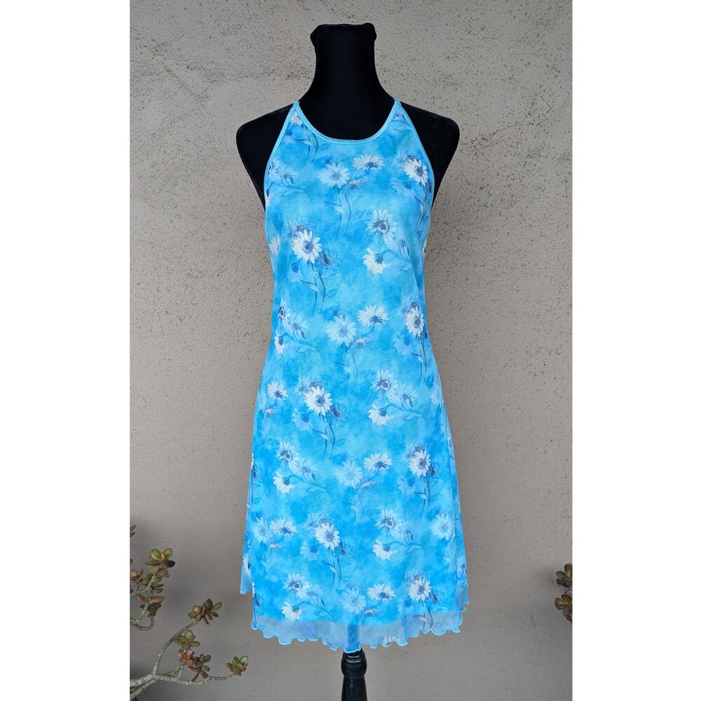 💜All That Jazz Vintage Mesh Slip Dress – Blue Daisy Glitter Mini – Y2K M